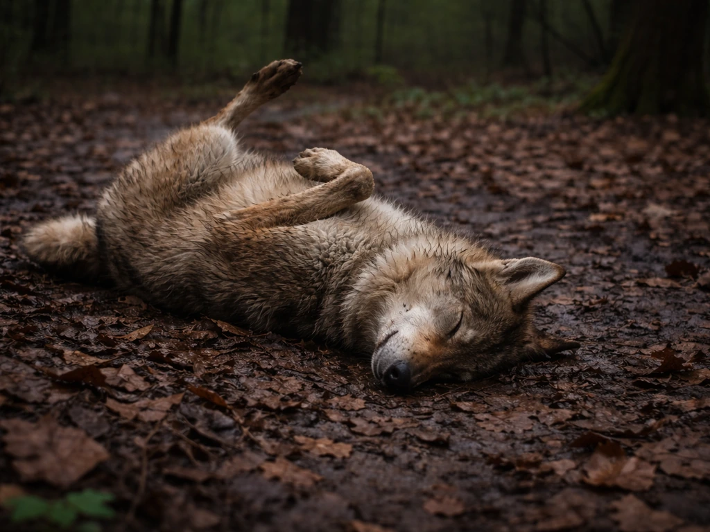 Wolf-like canid rolling in damp leaf litter in a quiet forest.