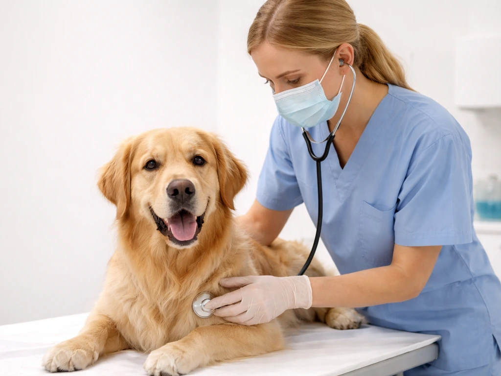 Clinician in PPE gently examining a dog with a stethoscope in a clean clinic room
