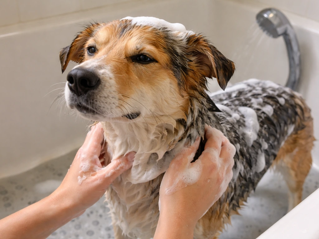 An anonymous dog being shampooed in a bathtub, showing thorough coat lathering and rinsing.