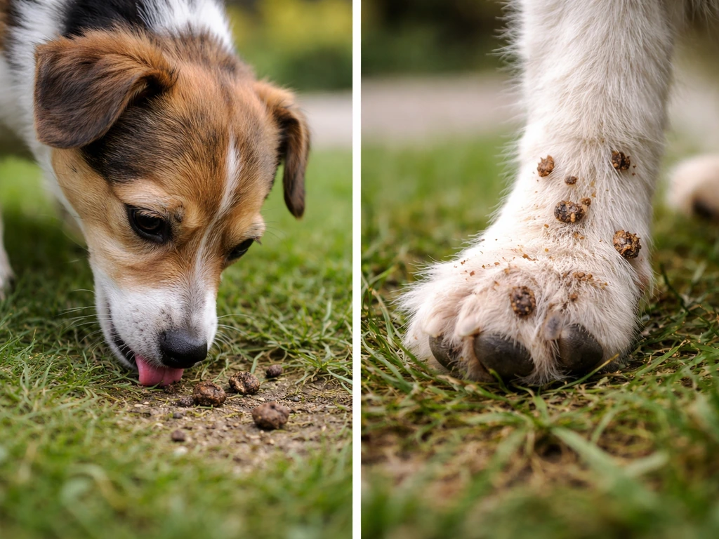 Dog outdoors: one side shows licking/ingesting droppings, the other shows droppings on paws fur contact