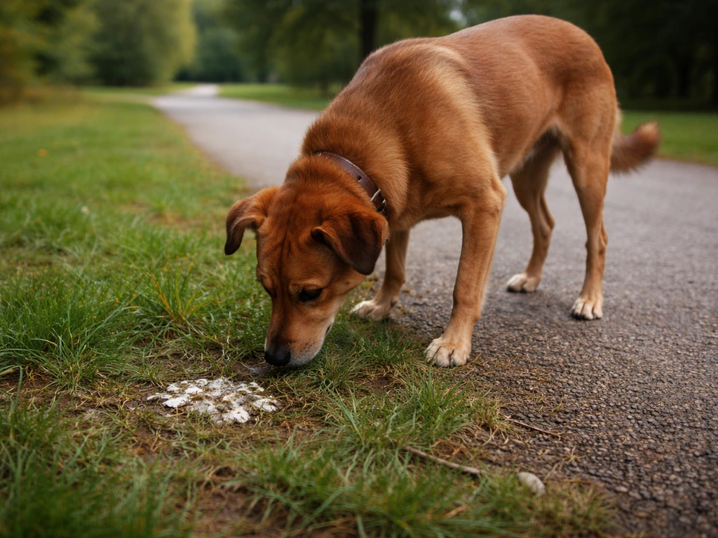 Brown dog sniffing grass near small visible bird droppings on a park path.