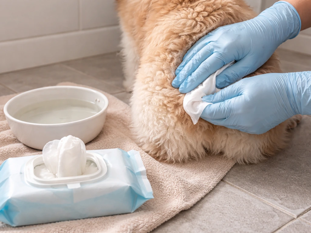 Gloved hands using pet-safe wipes and tepid water to clean a dog’s fur after droppings contact.