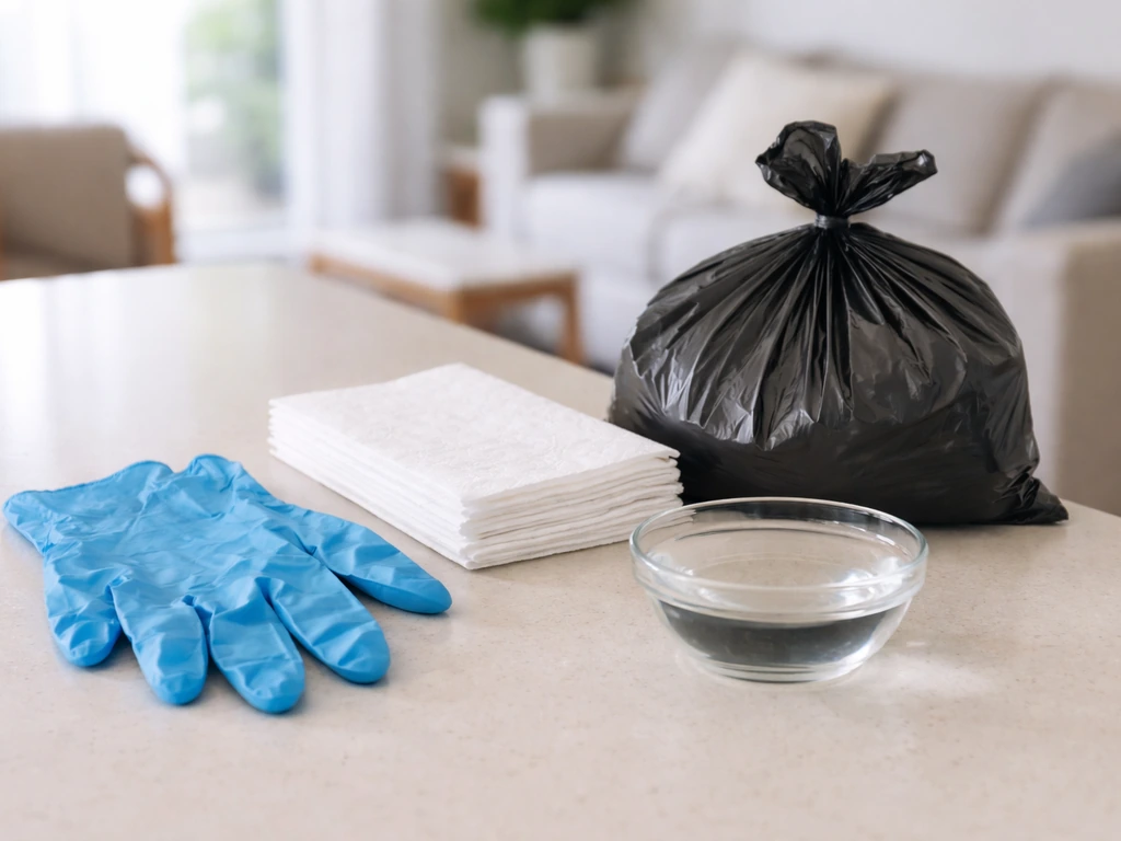 Disposable gloves, paper towels, sealed trash bag, and fresh water set up for safe cleanup.