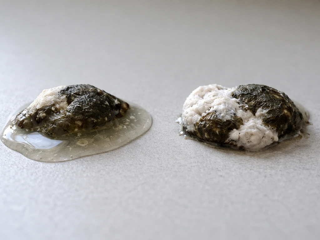 Close-up of two bird droppings side by side, one with a clear watery component and one without.