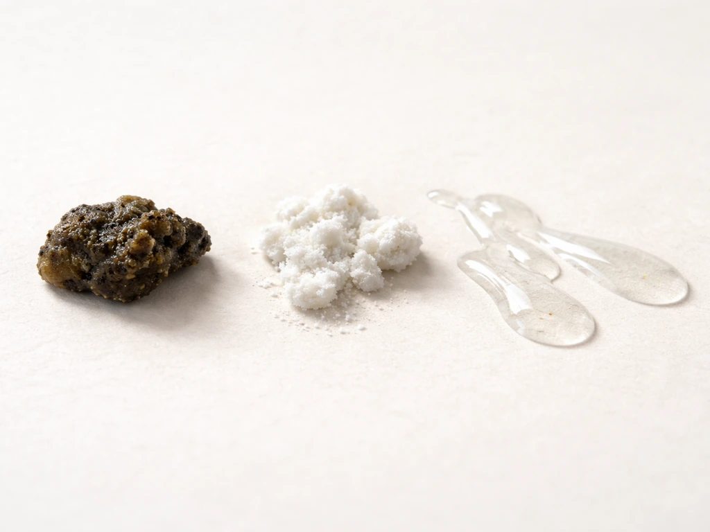 Macro photo showing a bird dropping with separated fecal, white urate, and clear liquid parts laid out simply.