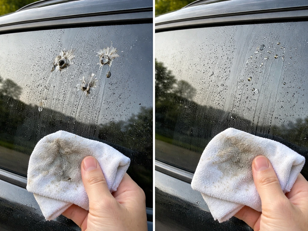 Side-by-side wet window spots with a damp cloth swab to compare bird droppings vs condensation/AC drip.