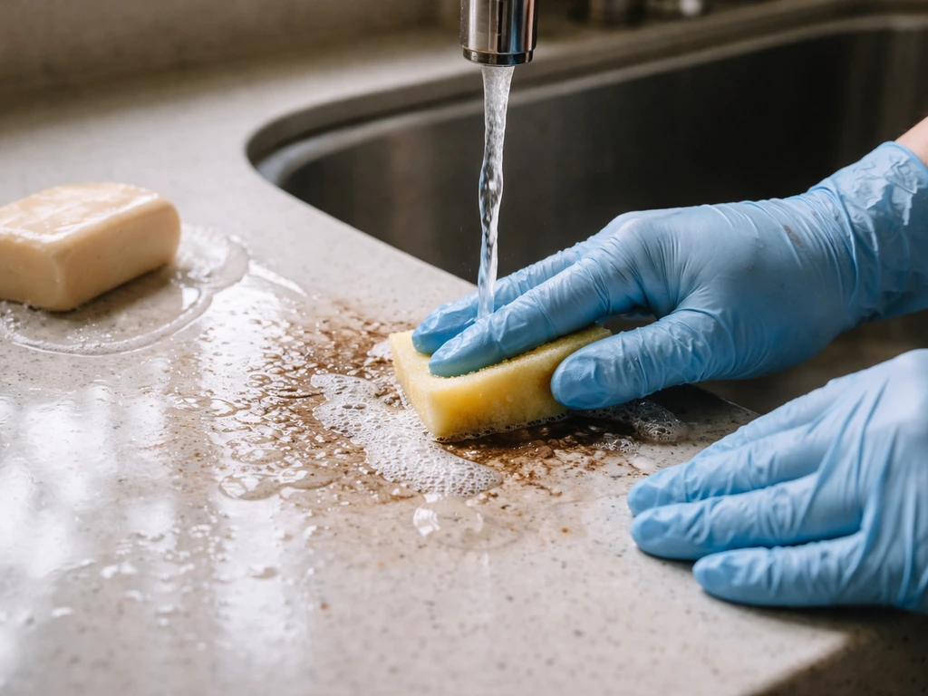 Gloved hands washing a small area with running water and soap on a kitchen counter