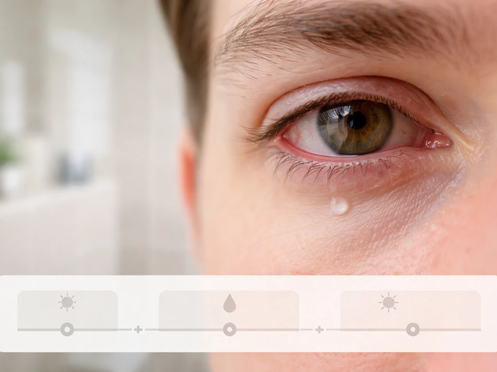 Close-up of an eye with mild redness and tears, with a blurred simple timeline-style panel in the background.