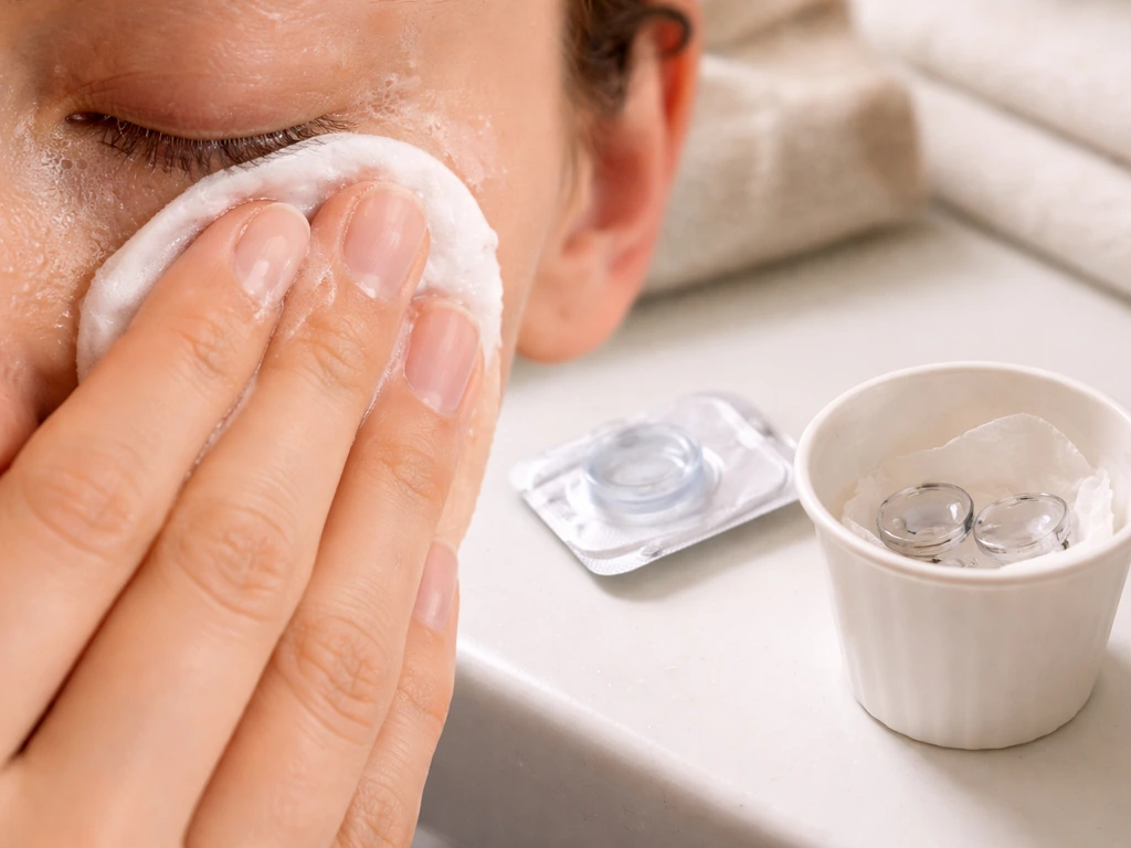 Hands gently cleanse skin around a closed eye with a cotton pad; used contacts shown for discard.