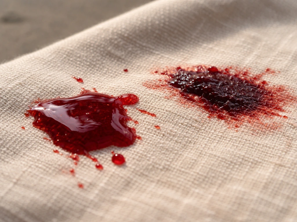 Macro close-up of fresh red bird blood stain next to a darker maroon drying smear on light fabric.