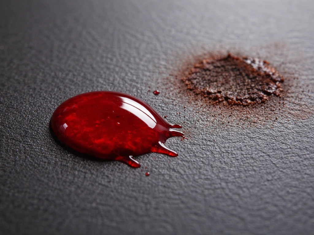 Fresh vivid bright-red blood beside a dried rust-brown stain on a dark surface