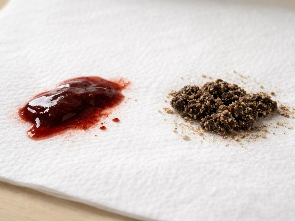 Close-up side-by-side photo showing fresh dark red bird blood-like smears and dried dark droppings on paper