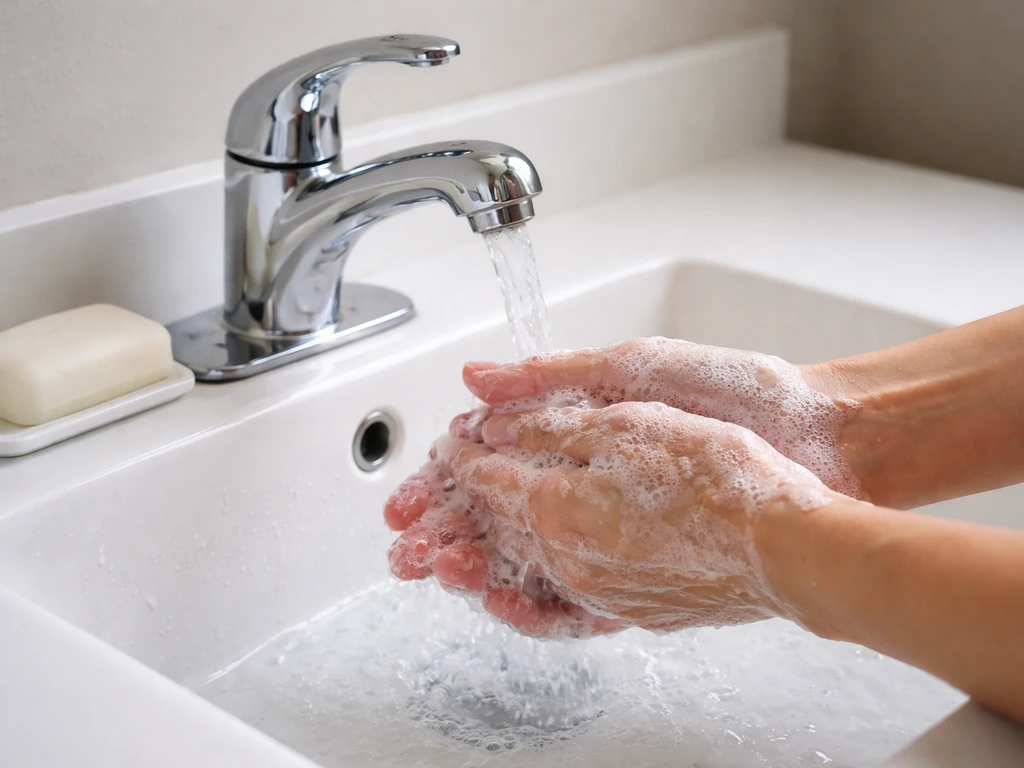 Anonymous hands washing under a faucet with soap lather at a clean sink