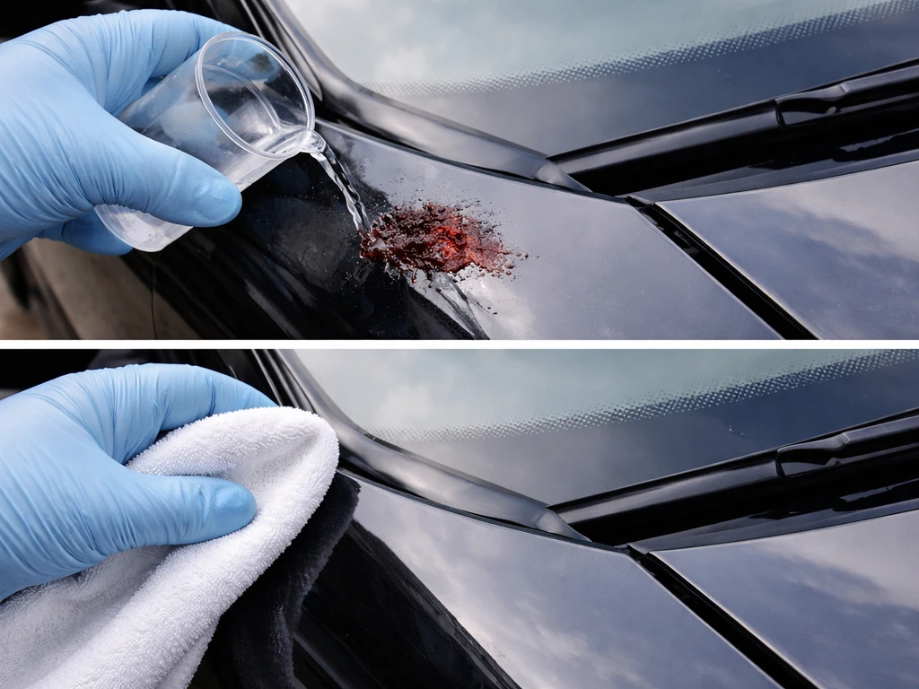 Warm water rehydrates dried blood on a car hood glass, then it’s wiped clean with a cloth