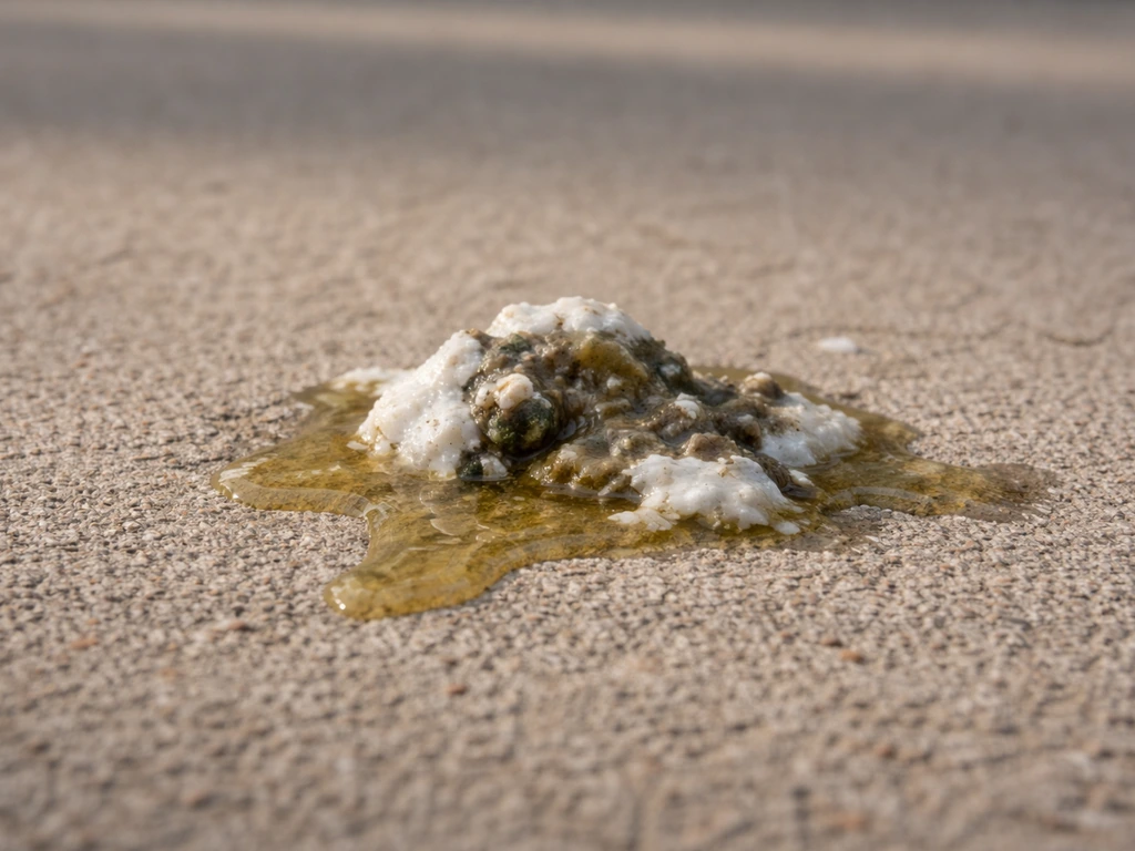 Close-up of bird droppings on an outdoor sidewalk showing yellowish urate component
