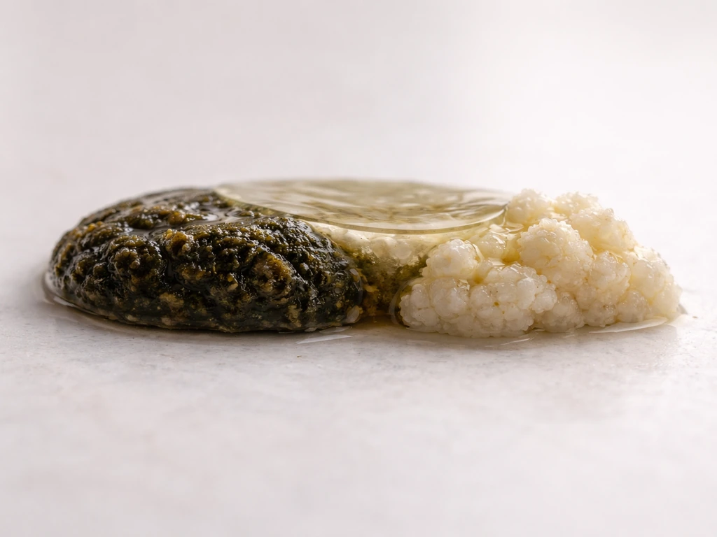 Macro cross-section of bird droppings showing dark feces, clear liquid, and white/yellow urate crystals.