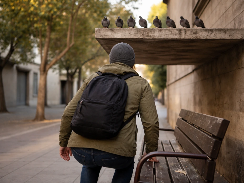 Person about to sit on a bench under perched birds overhead on a quiet sidewalk.