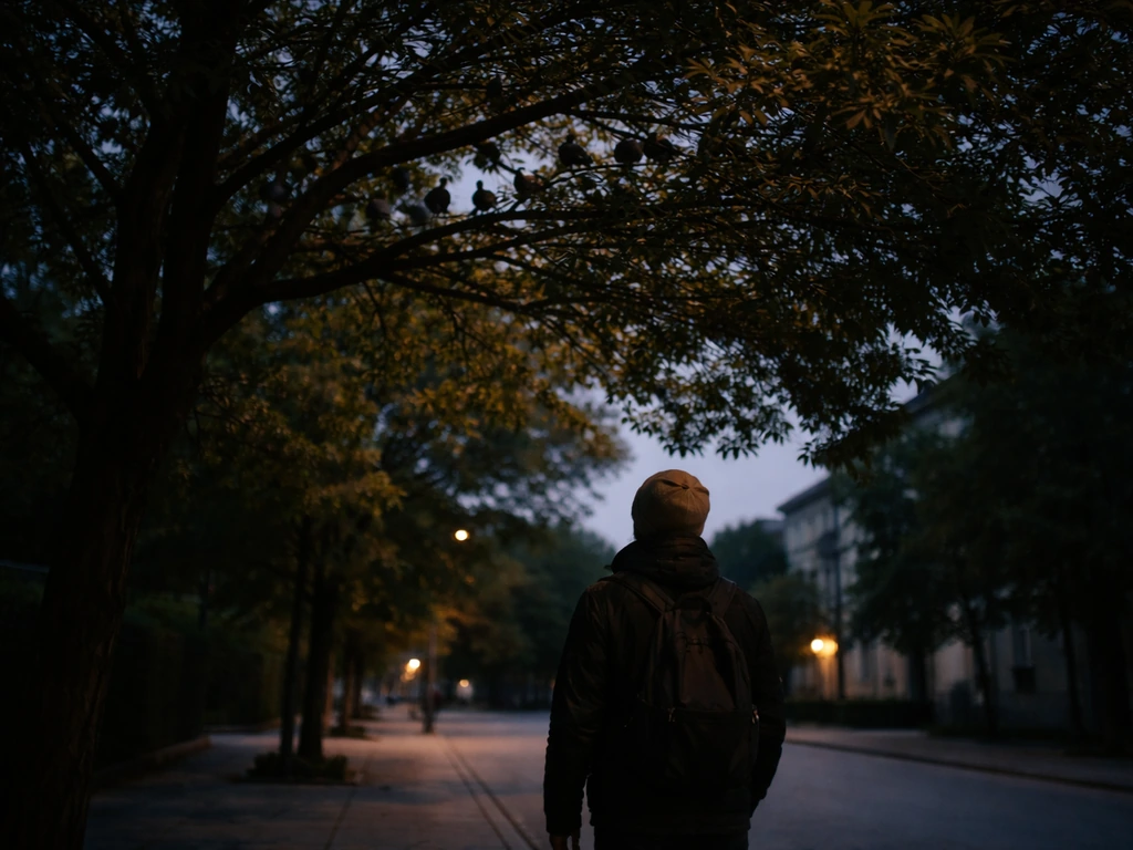 Anonymous person pausing under a street tree at dusk with birds perched overhead.