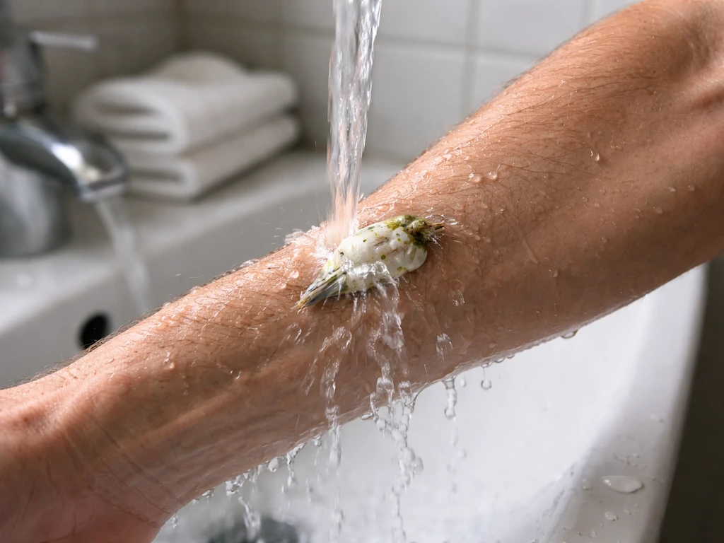 Close-up of a forearm being rinsed under running water to wash off fresh bird droppings.