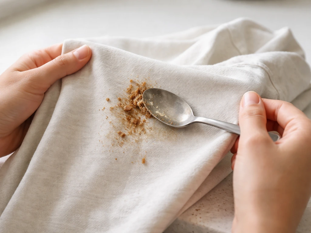 Close-up of hands gently scraping dried droppings off a light fabric garment with a dull spoon.