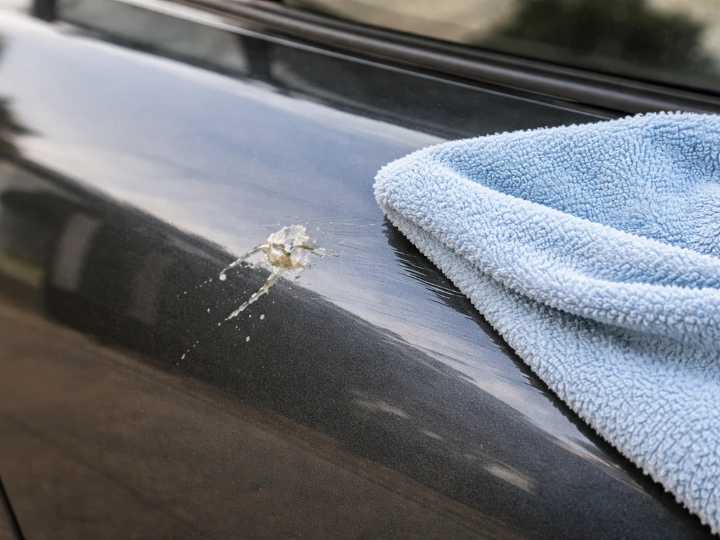 Close-up of bird droppings being wiped from a car’s clear coat with a wet microfiber cloth