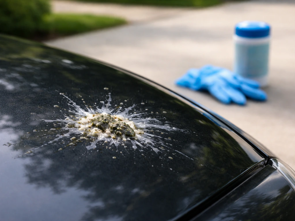 Bird droppings on a car hood with cleaning gloves and wet wipes nearby, showing safe cleanup steps.
