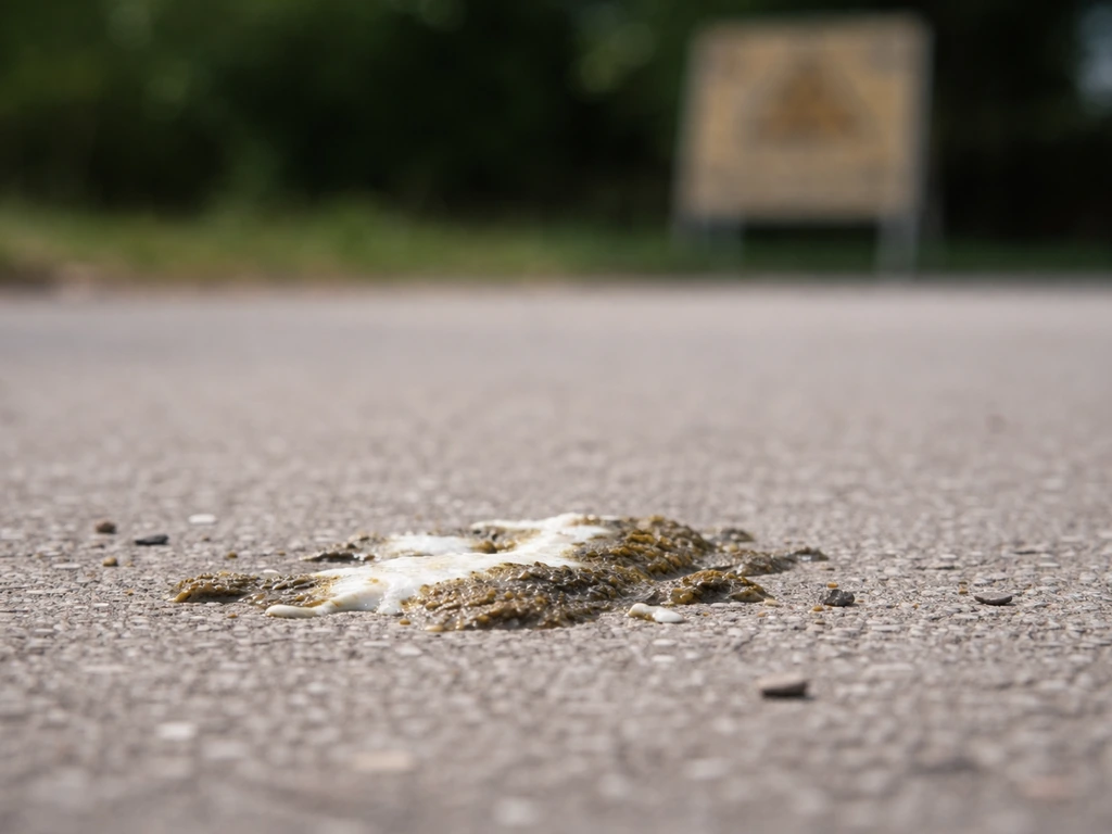 Close-up of bird droppings on a sidewalk near a muted caution sign, showing typical terminology context