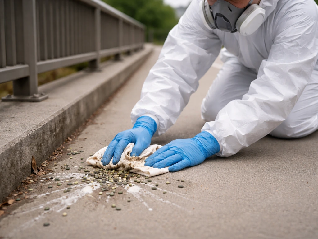 Cleaner in mask and gloves removing bird droppings from an outdoor concrete surface.