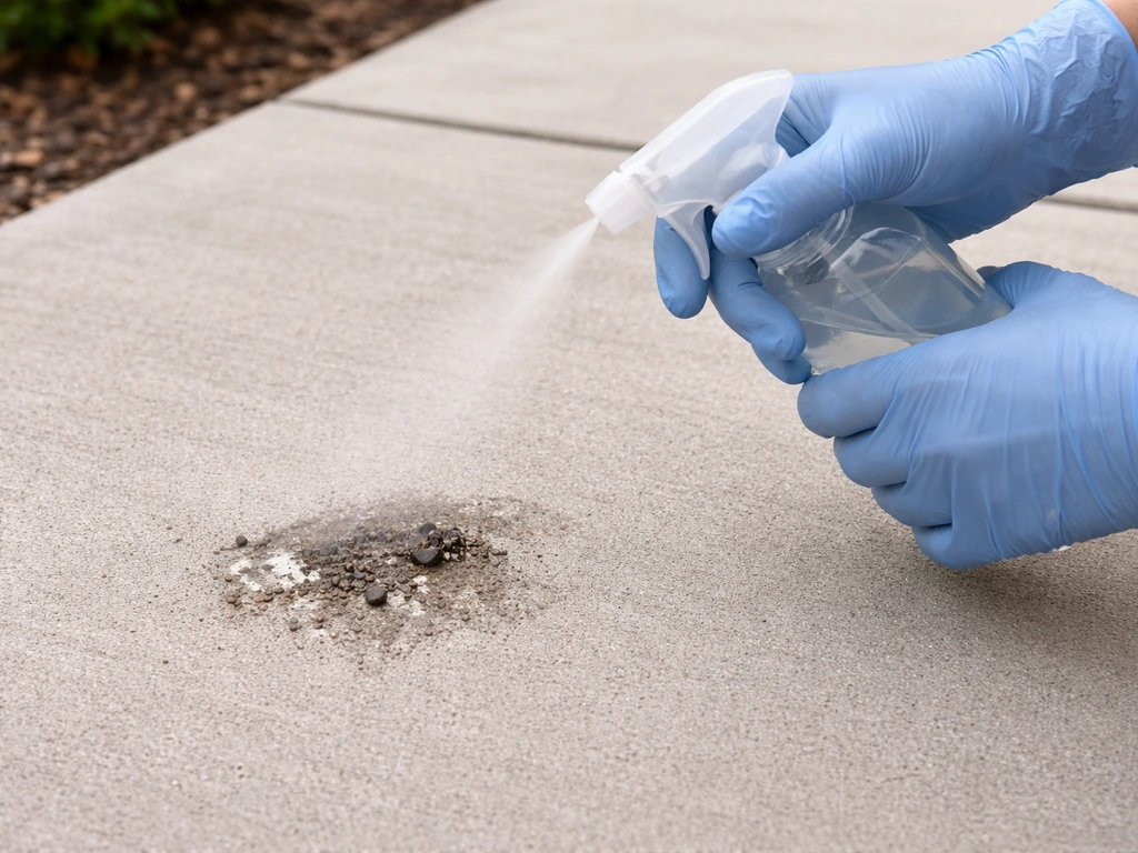 Gloved hands misting softened dried bird droppings on a concrete walkway before cleaning.
