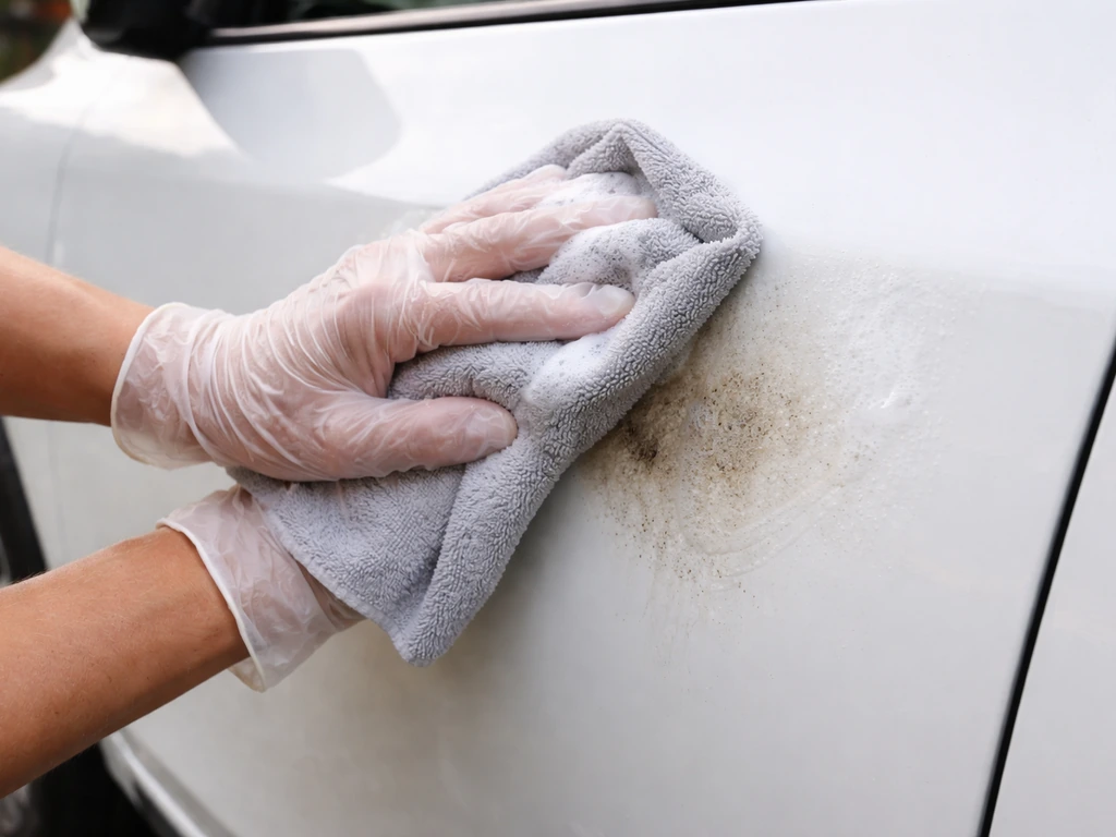 Gloved hands wiping a car paint stain with a soapy cloth, showing cleaner area beside residue.