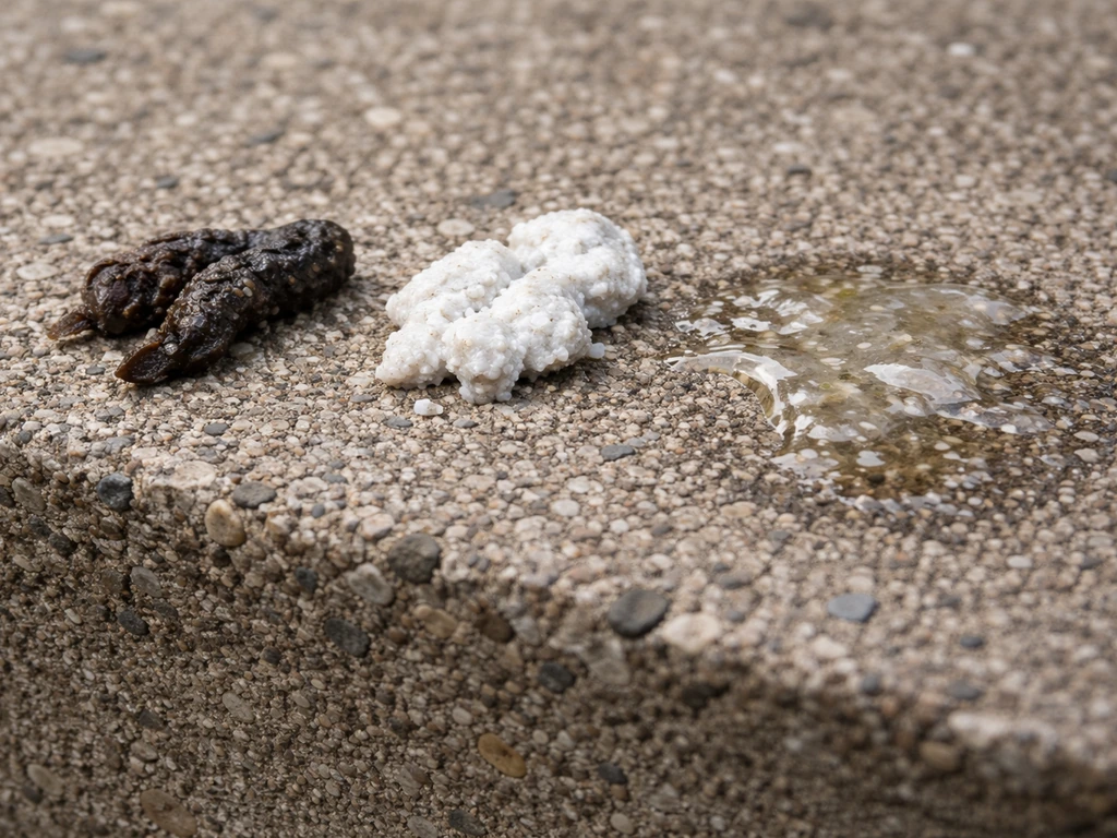 Close-up of bird droppings on a sidewalk ledge showing dark feces, white urates, and watery residue.