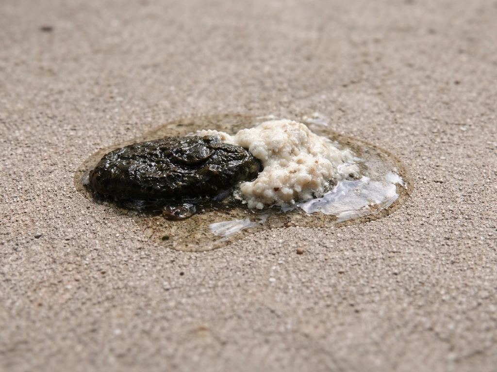 Close-up of bird droppings showing dark fecal portion, creamy urates, and a faint watery area.
