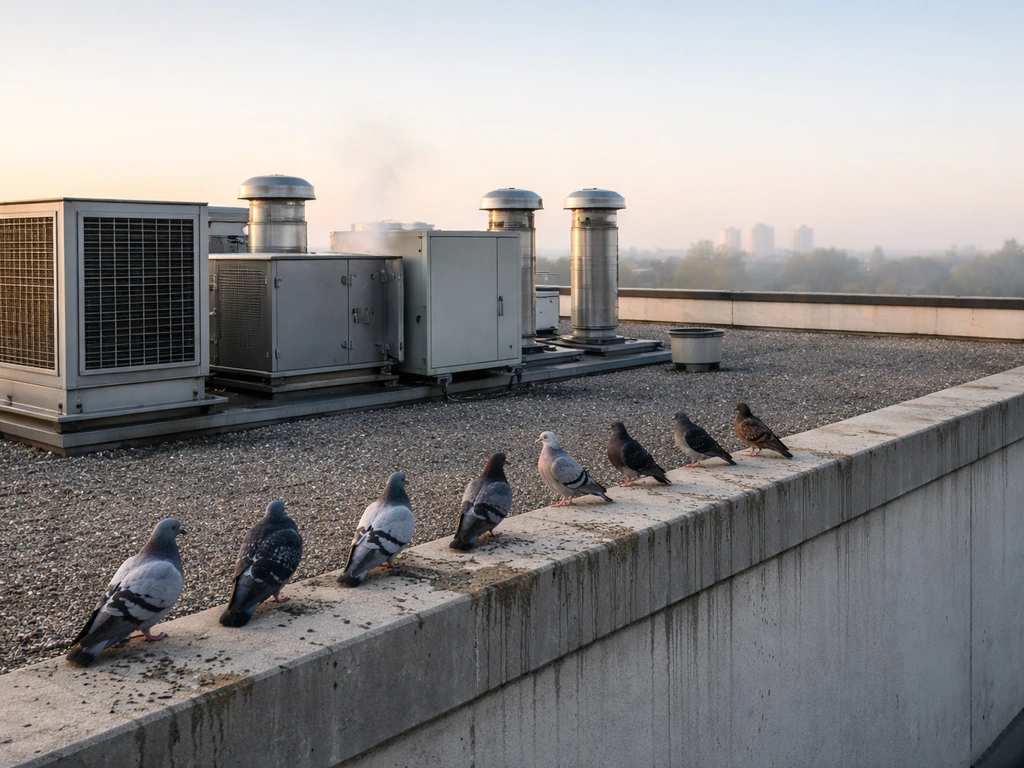 Flat rooftop with HVAC units and perching pigeons and starlings; droppings visible on the ledge.