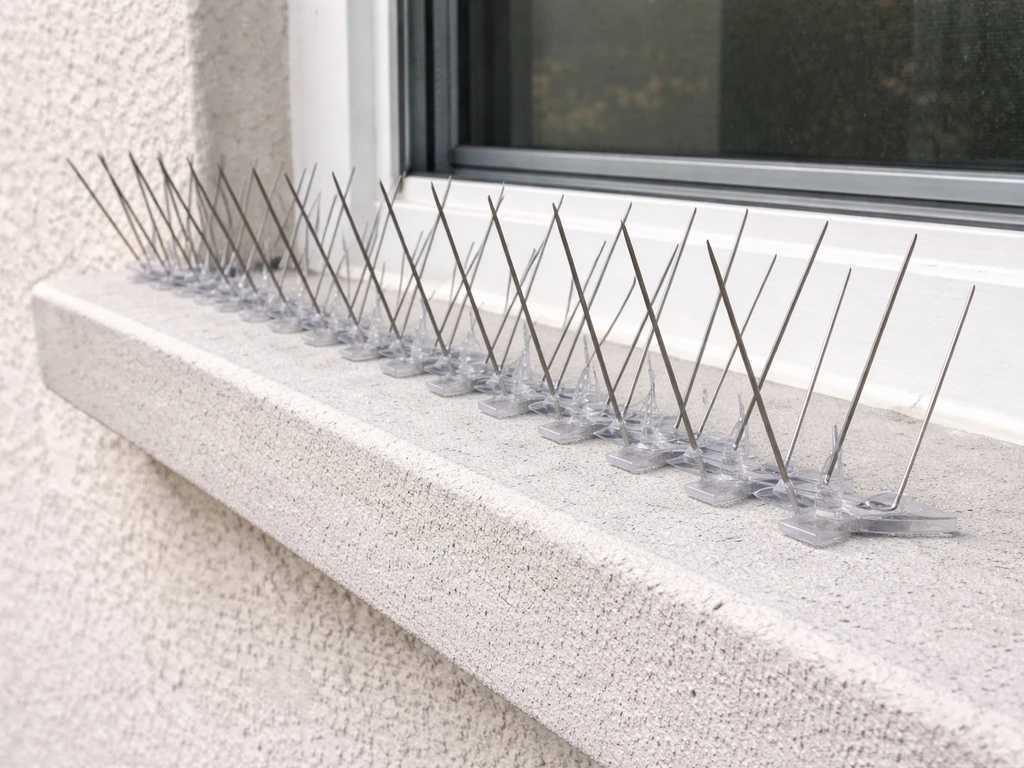 Close-up of stainless steel bird spikes installed along a window ledge to deter roosting birds.