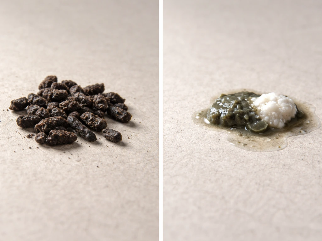 Split image of bat guano and bird droppings on a neutral surface, textures and colors clearly distinct.