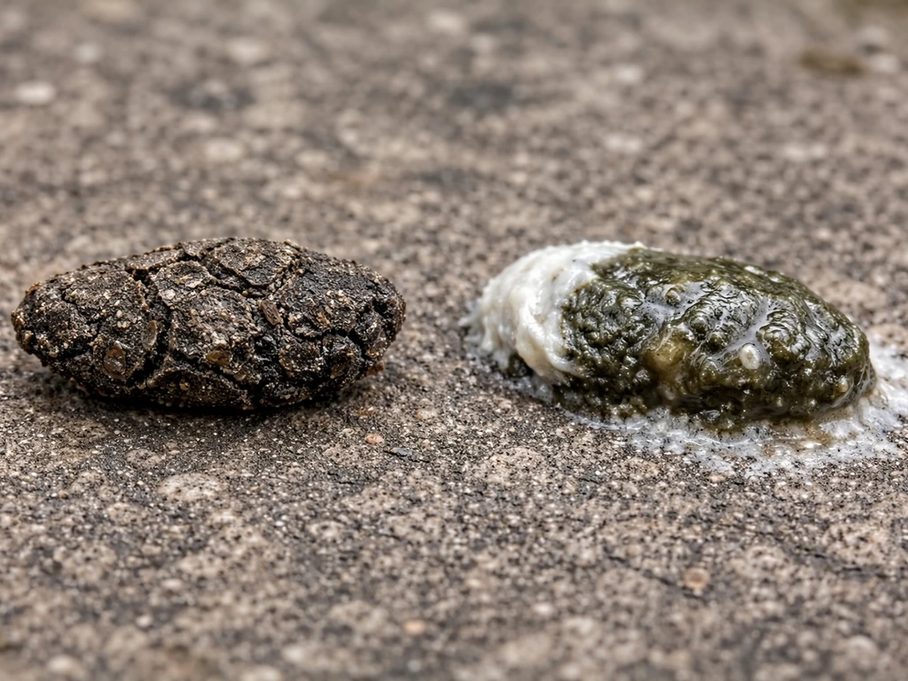 Side-by-side macro of dry cracked bat guano and wet pasty bird droppings with pale residue on one side.
