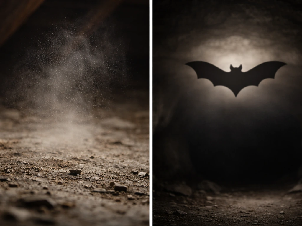 Left: dusty aerosol plume from a dirty surface; Right: dark bat silhouette representing rabies risk.