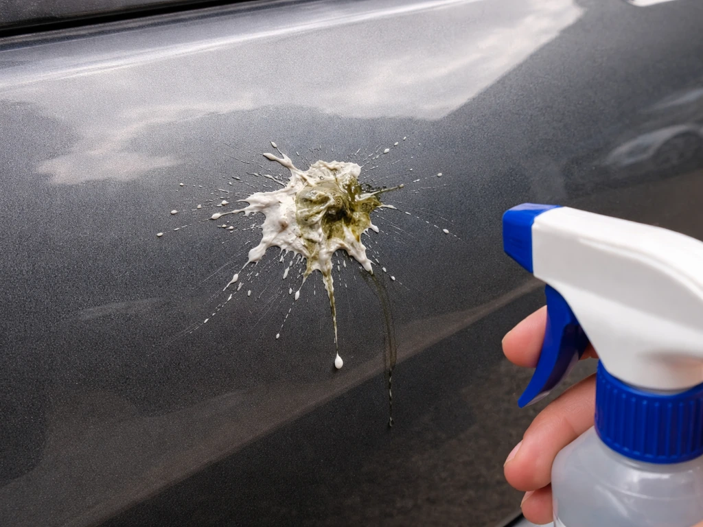 Close-up of bird droppings on a car’s clear coat with a spray bottle ready to wet the area first.