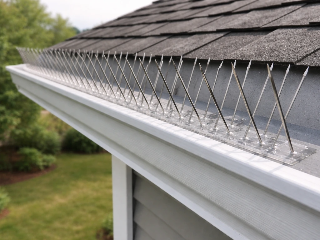 Stainless bird spikes installed along a roof eave to prevent birds from perching.