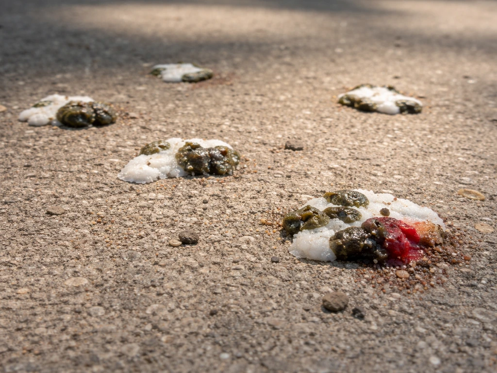 Close-up of sidewalk or patio surface showing fresh bird droppings with a reddish tinge near white urates.