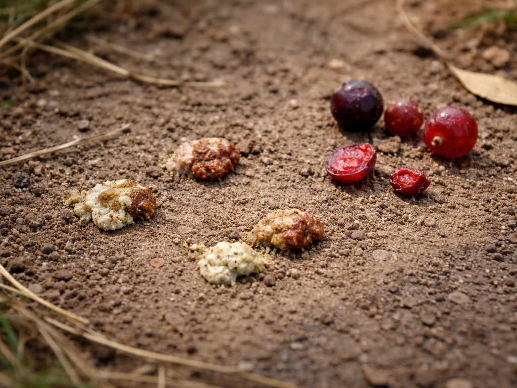 Close-up of bird droppings in different browns near red berries and grapes on soil