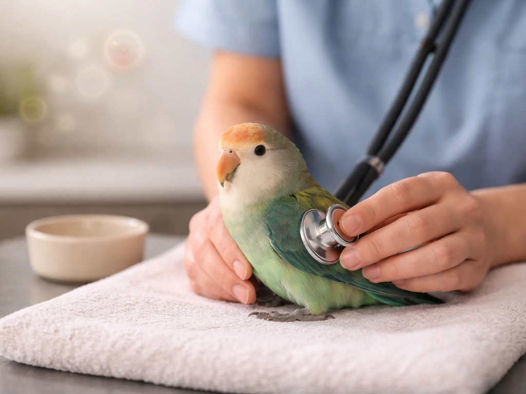 Small pet bird being checked by a veterinarian in a quiet clinic room, subtle parasite cues, no graphic content