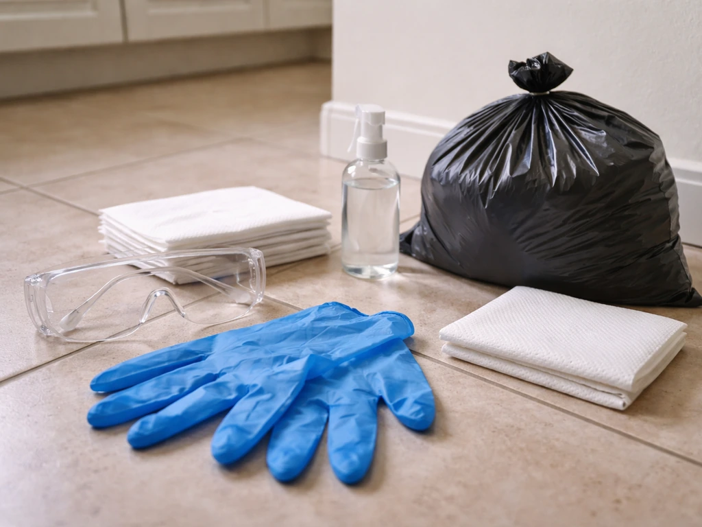Disposable gloves and eye protection beside towels and cleaner for safe cleanup, with a quiet, minimal scene.