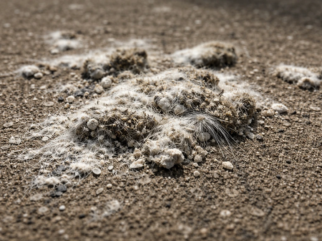Macro close-up of dried bird droppings residue with flaky particles and faint feather-like fibers