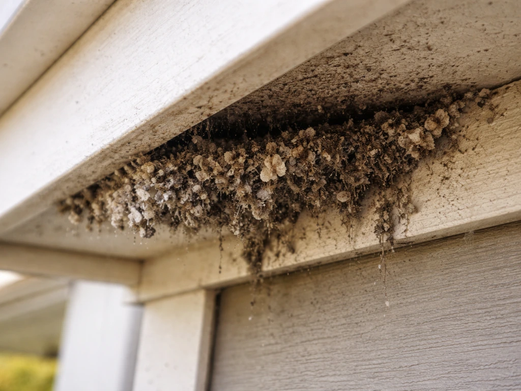 Close-up of crusted dried bird droppings accumulated under a shaded eave/roost area.