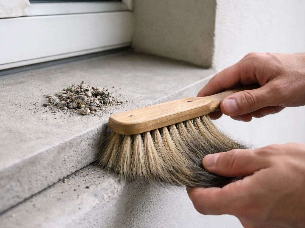 Close-up of hands holding a dry brush near dried bird droppings on a surface, showing unsafe cleanup.