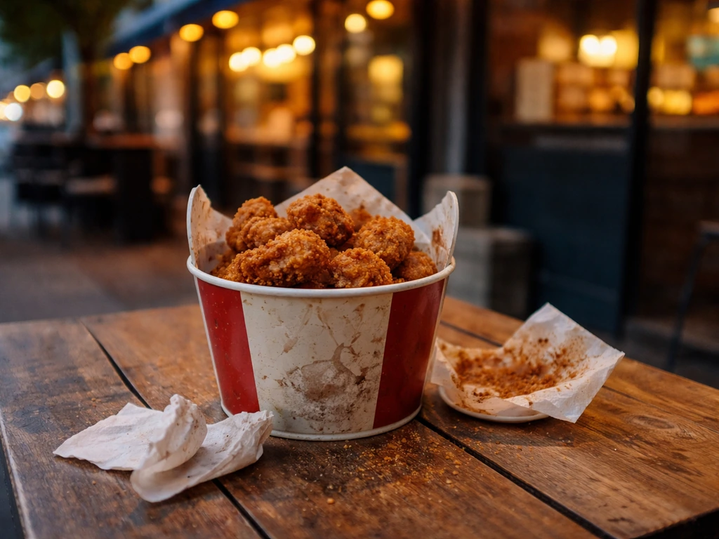 KFC-style fried chicken bucket on a street table with subtle “dirty bird” grime-style slang vibes.