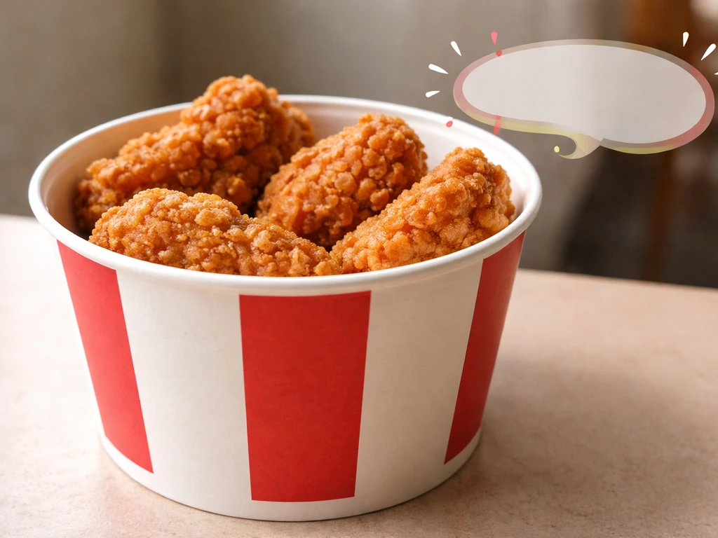 Close-up of a fast-food chicken bucket on a table, emphasizing slang meaning for KFC.