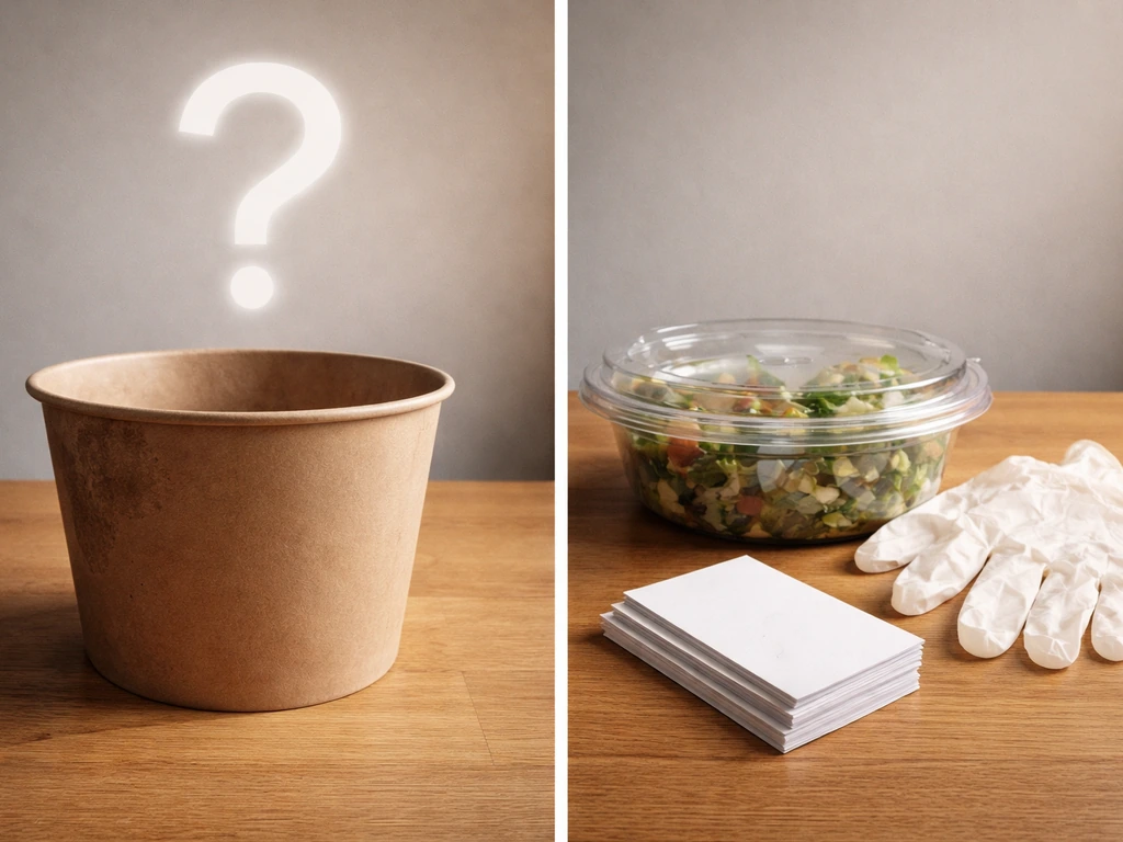 Split image: grime-and-question-mark over a chicken bucket versus clean gloves and blank safety checklist cards.