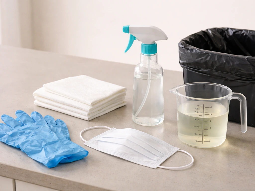 PPE and supplies laid out for safe wet-first bird droppings cleanup: gloves, mask, paper towels, spray bottle.